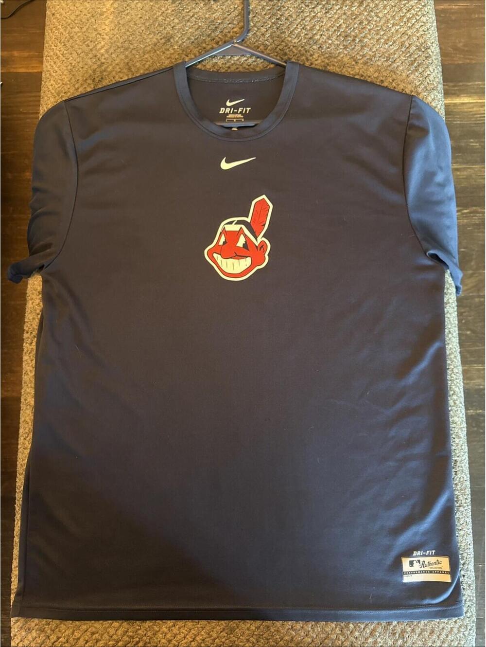 Cleveland Indians Shirt Mens L Navy Blue MLB Nike Dri-FIT Authentic Chief Wahoo